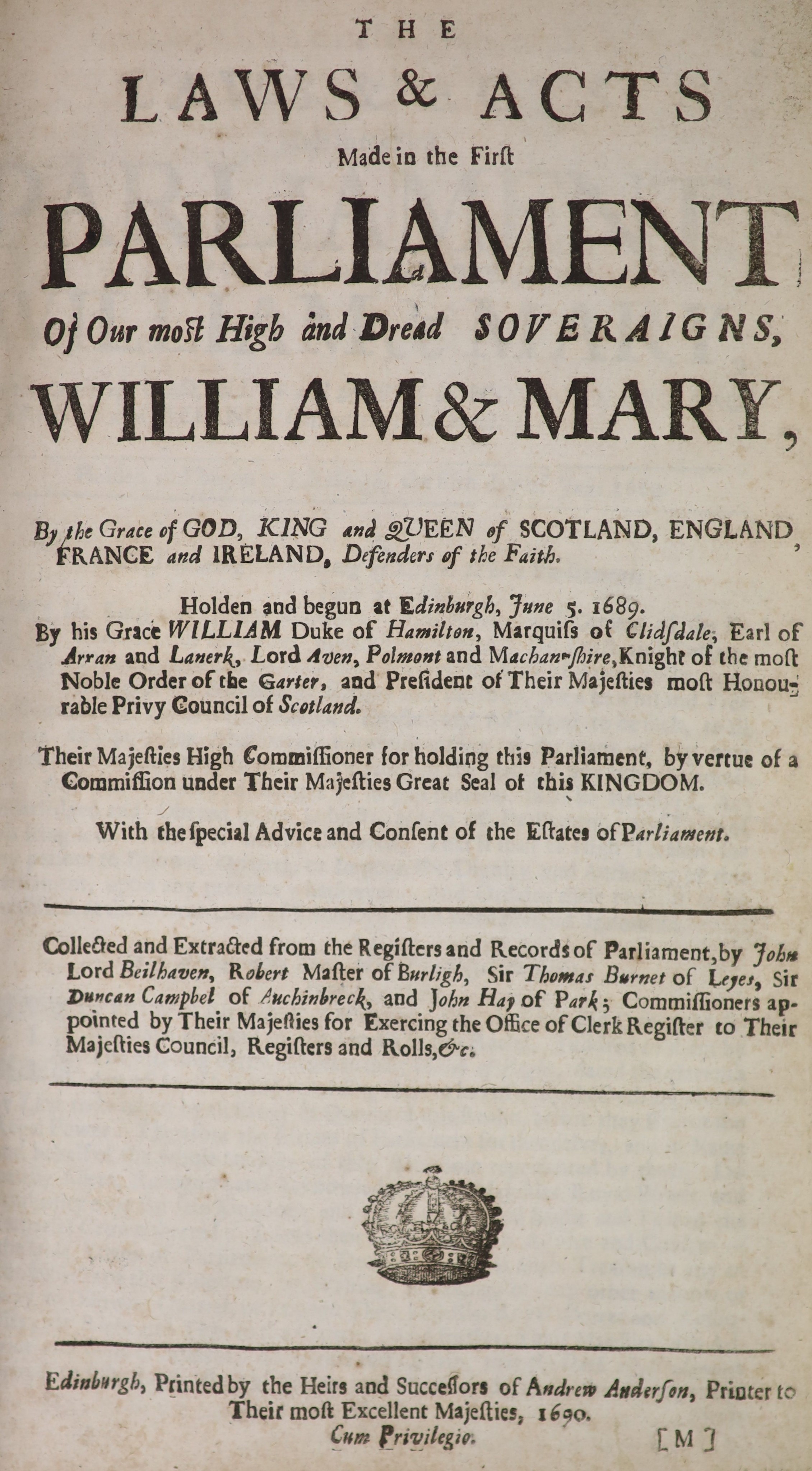 [Scotland] Laws and Acts (of Scotland)' approx. 12 various, William & Mary (1689) - Ann (1707). engraved headpieces and decorated initial letters; includes (January 1707) 'Act Ratifying and Approving the Treaty of Union